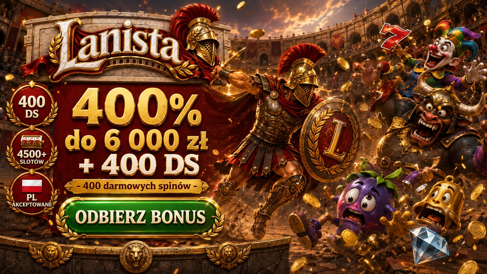 Lanista Casino — bonus 400% do 6 000 zł + 400 darmowych spinów